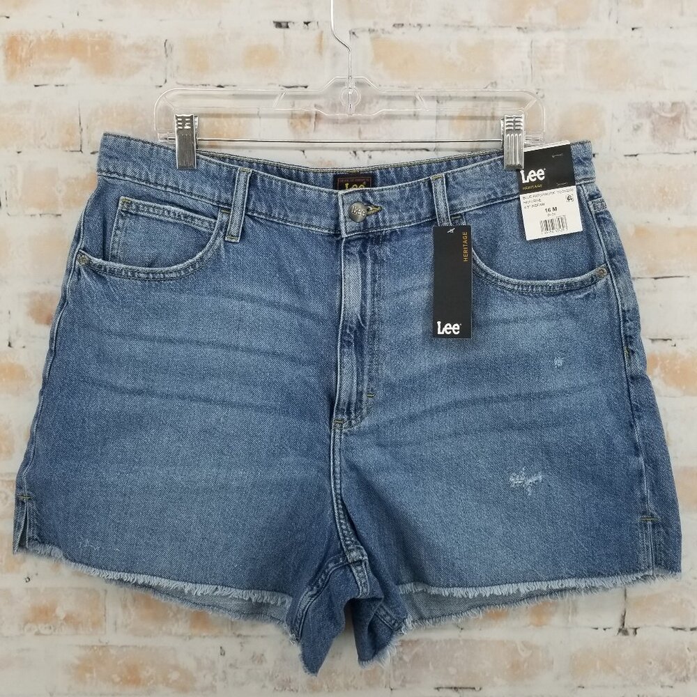 NWT Lee Heritage Blue Patchwork High Rise Jean Shorts Women 16M 4.5" Inseam